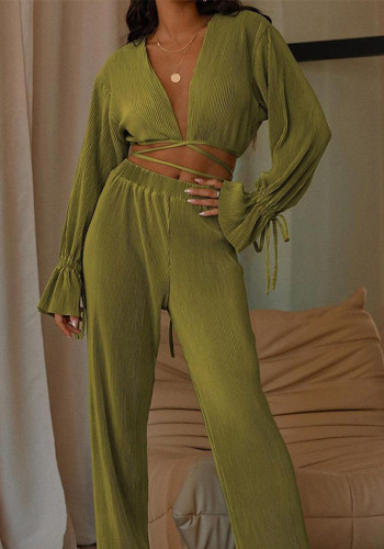 Sonbahar Düz Renk kadın Flare Uzun Kollu V Yaka Moda Rahat Seksi İki Parçalı Pantolon Set