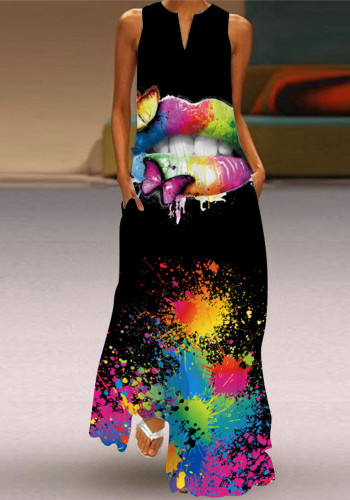 Summer Style Retro Print V-Ausschnitt Multicolor Sexy Sleevelesslong Maxikleid