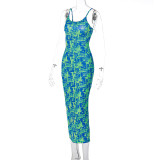 Women's Summer U-Neck Abstract Pattern Print  Low Back Strap Long Dress