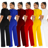 Women's Fashion Solid Color Chain Short Sleeve Belt Jumpsuit