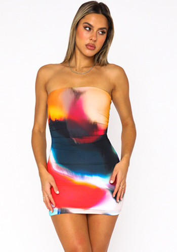 Women's Summer Casual Print Strapless Slim Mini Dress