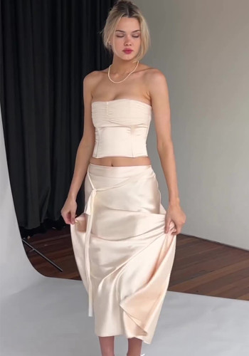 Women Sexy Pleated Split Crop Top and Long Skirt Two-Piece Set