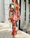 Summer Women Print Turndown Collar Short Sleeve High Waist Single Breasted Maxi Cardigan Dress