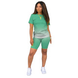 Women Casual Summer Ombre Short Sleeve Top and Short Two-Piece Set