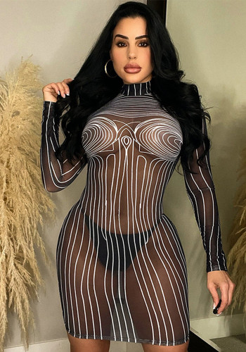 Women Mesh See-Through Contrasting Geometric Print Long Sleeve Sexy Bodycon Dress