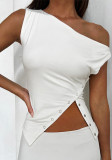 Women Solid Sleeveless One Shoulder Irregular Slit Top