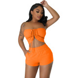 Women Solid Lace Up Crop Top and Shorts Two-Piece Set