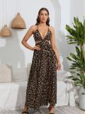 Women Leopard V-Neck Strap Maxi Dress