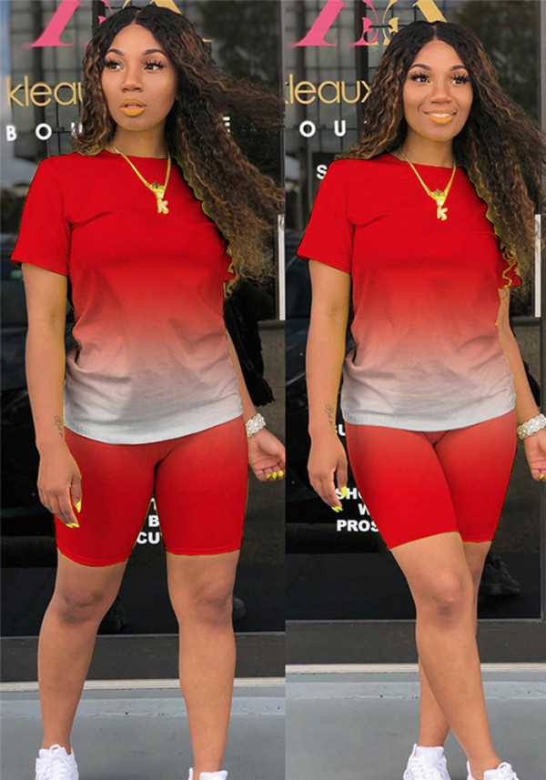 Women Casual Summer Ombre Short Sleeve Top and Short Two-Piece Set