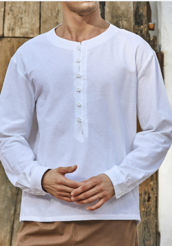 Erkekler Katı Yuvarlak Yaka Düğmeli Uzun Kollu Gömlek
