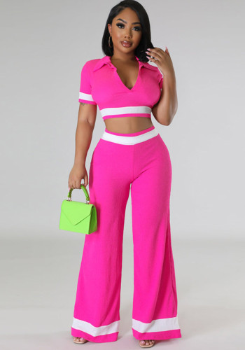 Kadın Casual Colorblock Devrik Yaka Kısa Kollu Crop Top ve Geniş Paça Pantolon İki Parçalı Set