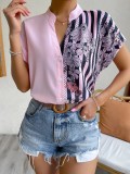 Women Summer Color Block Floral Short Sleeve Shirt