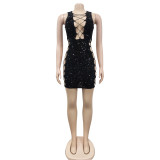 Women Solid Sequin Lace Up Sleeveless Mini Dress