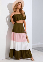 Conjunto de dos piezas de top y falda de color en contraste para mujer