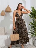 Women Leopard V-Neck Strap Maxi Dress