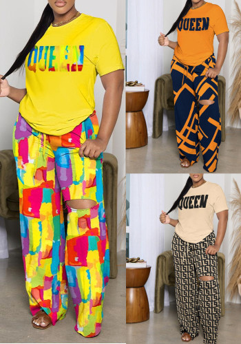 Kadın Gevşek Rahat Baskı Kısa Kollu T-Shirt ve Pantolon İki Parçalı Set