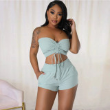 Women Solid Lace Up Crop Top and Shorts Two-Piece Set