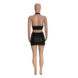 Women Sexy Pu Leather Zip Top and Skirt Two-Piece Set