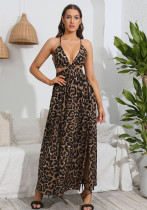 Vestido longo feminino com decote em V e alça de leopardo
