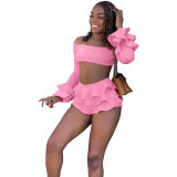 Women Off Shoulder Ruffle Edge Puff Sleeve Top and Shorts Two-Piece Set