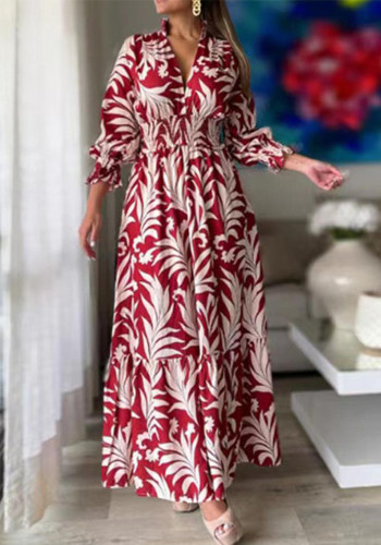 Kadın Bahar Uzun Kollu Bohem Baskı Maxi Elbise