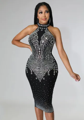 Summer Ladies Sex Club Sleeveless Halter Neck Beaded Midi Dress
