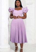 Printemps et automne robe à col carré violet clair élégante robe plissée de carrière décontractée chic