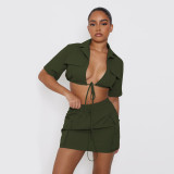Women's Yearly Cargo Solid Color Short Sleeve Skirt Shirt Two-Piece Set