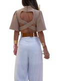 Summer Women's Turtleneck Bell Bottom Sleeves Sexy Crossover Low Back Top Loose Wide Leg Pants Set