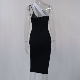 Spring Fashion Diagonal One Shoulder Suspender Dress Ribbed Contrasting Color Tight Fitting Slit Dress