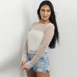 Spring Summer Women's Bubble See-Through Mesh Long Sleeve Top