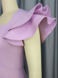 Spring and Autumn Light Purple Square Neck Dress Elegant Chic Casual Career Pleated Dress