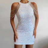 Spring Summer Fashion Halter Neck Sexy Crystal Tassel Bodycon Sequin Dress Mid Waist Evening Gown