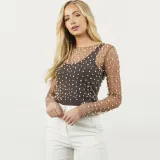 Spring Summer Women's Bubble See-Through Mesh Long Sleeve Top
