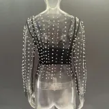 Spring Summer Women's Bubble See-Through Mesh Long Sleeve Top