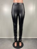 Ladies' Fashion Slit Hem Slim Pleated Casual Leather Pants