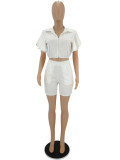 Ruffle Cropped Shirt Collar Zip Top Casual Shorts Summer Two Piece Set