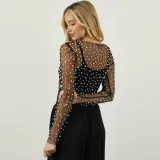 Spring Summer Women's Bubble See-Through Mesh Long Sleeve Top