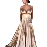 Summer Women's Sexy V Neck Dress Camisole Solid Color Sleeveless Fashion Evening Dress