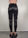 Women's Leather Pants Stylish Slim Lace-Up Leather Pants