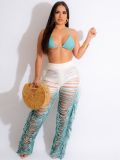Summer Women's Sexy Gradient Beach Tassel Knitting Pants Casual Set