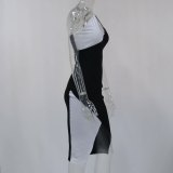 Spring Fashion Diagonal One Shoulder Suspender Dress Ribbed Contrasting Color Tight Fitting Slit Dress