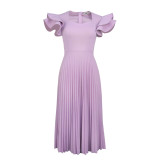 Spring and Autumn Light Purple Square Neck Dress Elegant Chic Casual Career Pleated Dress