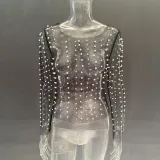 Spring Summer Women's Bubble See-Through Mesh Long Sleeve Top