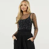 Spring Summer Women's Bubble See-Through Mesh Long Sleeve Top