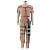 Spring Summer Casual Women's Chaps Style Plaid Print Casual Set