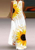 Ärmelloses langes Kleid für Sommerfrauen mit V-Ausschnitt und bedrucktem Vintage-Kleid