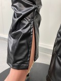 Ladies' Fashion Slit Hem Slim Pleated Casual Leather Pants