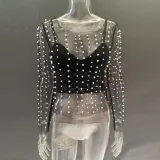 Spring Summer Women's Bubble See-Through Mesh Long Sleeve Top