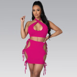 Summer sexy women's hollow out Lace up two-piece skirt set